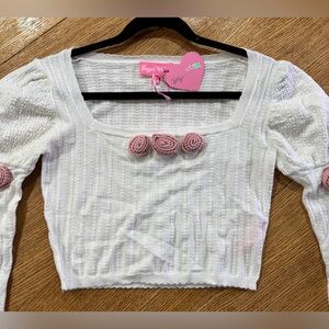 Sugar Thrillz White Knit Square Neck Crop Top with Pink Rosette Trim